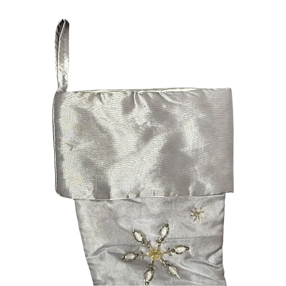 Sparkling Beaded Embroidered Silver Gold Snowflake Christmas Stocking NWOT
